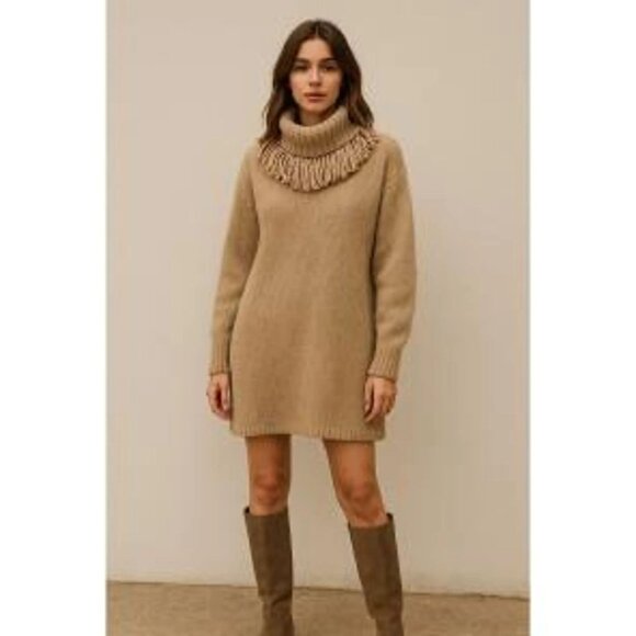 Something Navy Blue Wool Blend Fringe Turtle Neck Tunic Sweater Dress - Picture 2 of 15